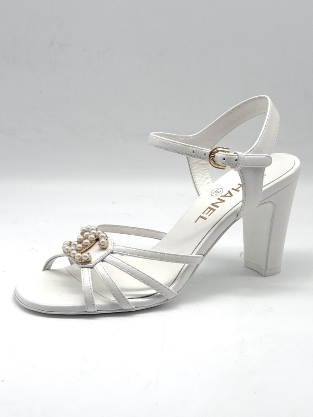 CHANEL White Pearl-Embellished Strappy Sandals